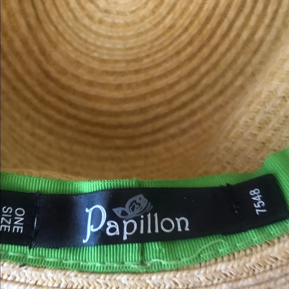 Woman’s tan spring summer Papillon floppy Blanc Straw Hat with Bright Green Trim
